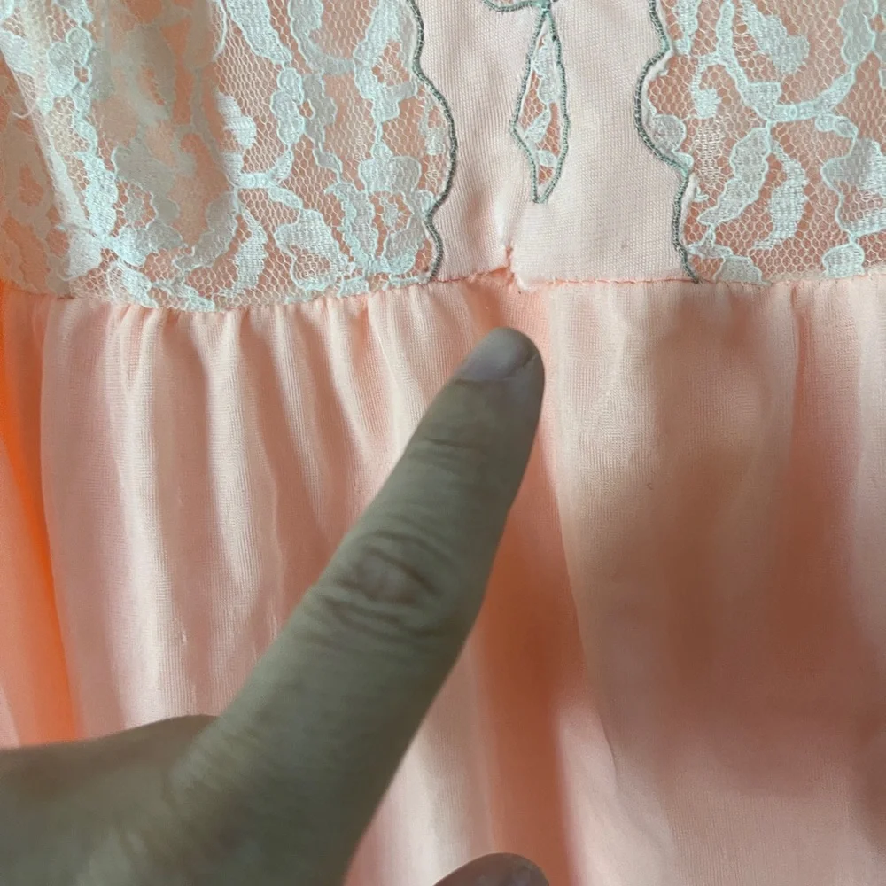 Vintage Pink Nightgown With Sheer Lace Panels and Floral Embroidery - Picture 5 of 8